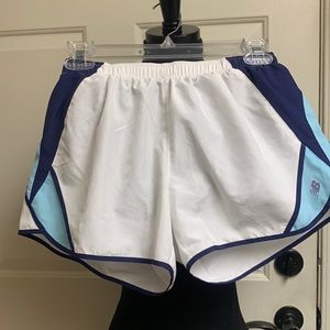 New Balance Small Petite Running Shorts, White, blue and Light blue